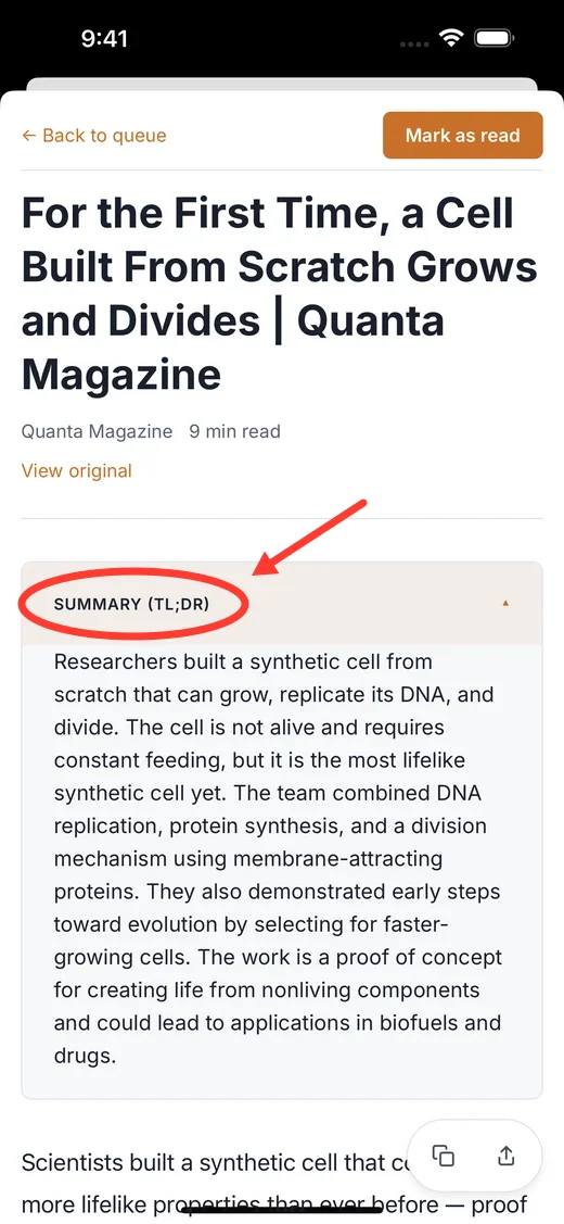 The Readplace reader on iPhone showing an article with its AI summary