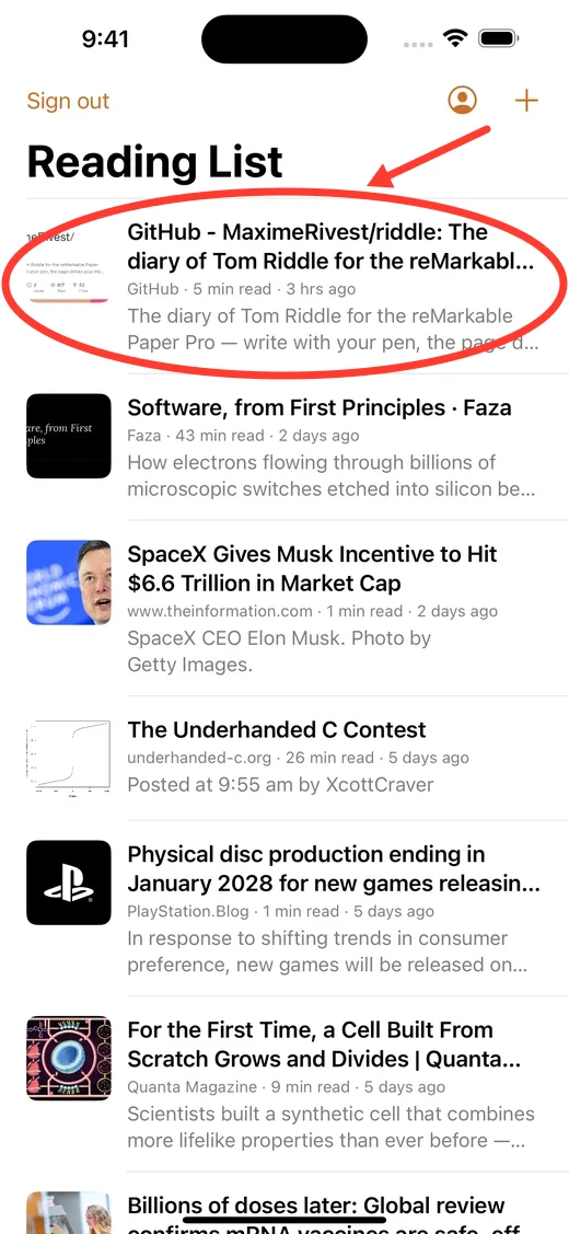 The Readplace reading list in the iPhone app