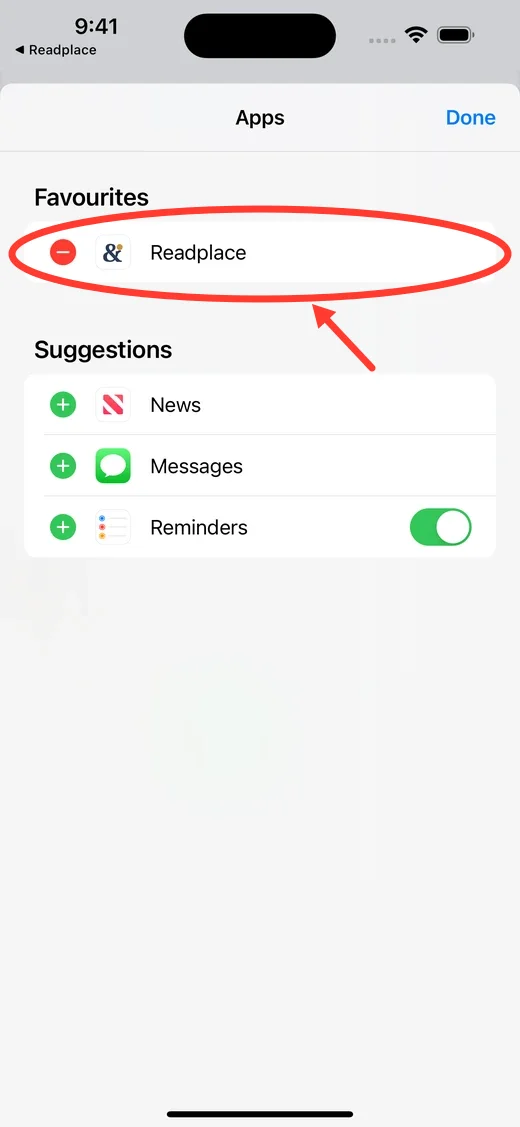 The iOS Apps screen with Readplace listed under Favourites