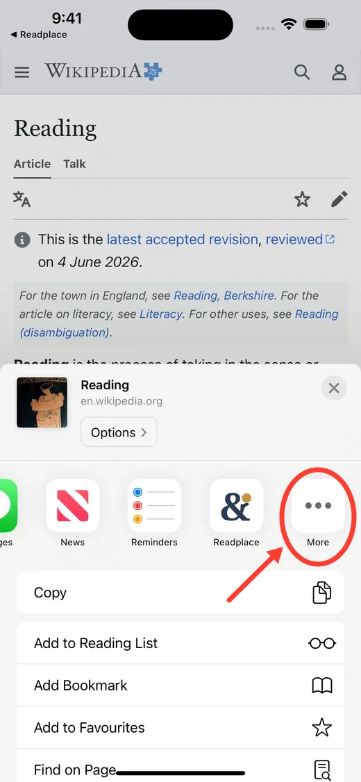 The iOS share sheet with the app row scrolled right to reveal the More button