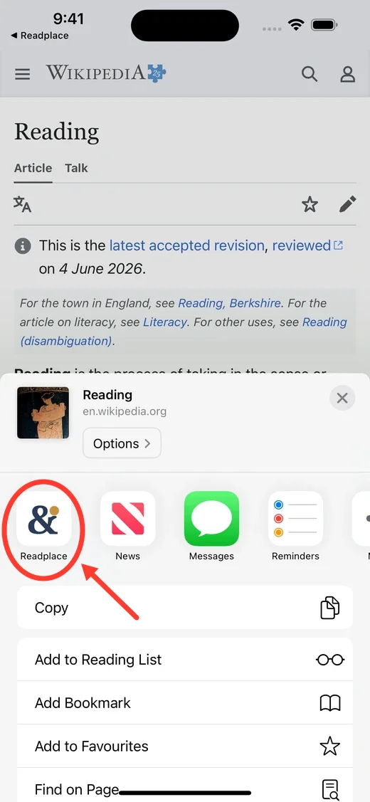 The iOS share sheet with Readplace first in the app row