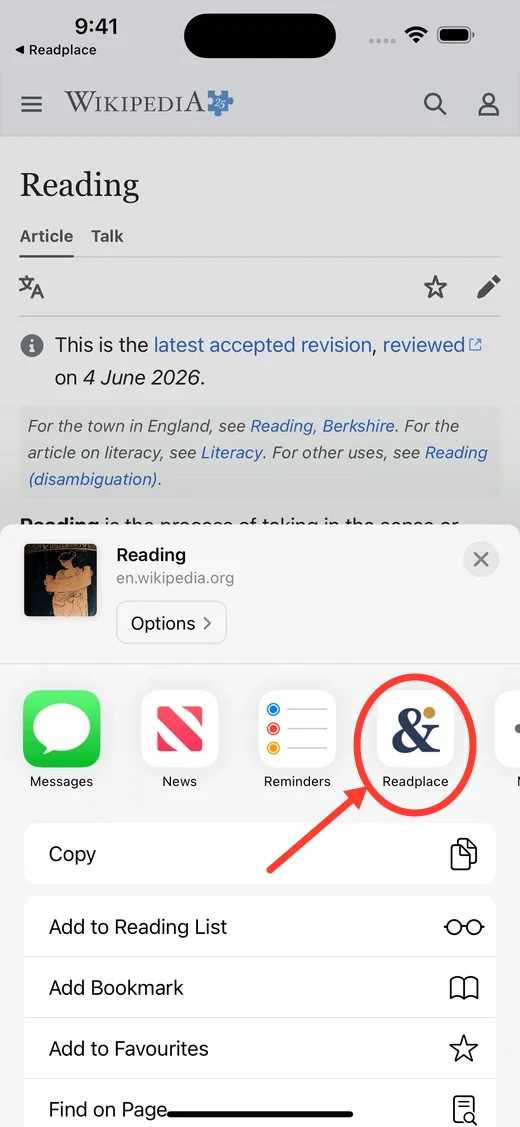 The iOS share sheet with Readplace as a share target over a Safari article