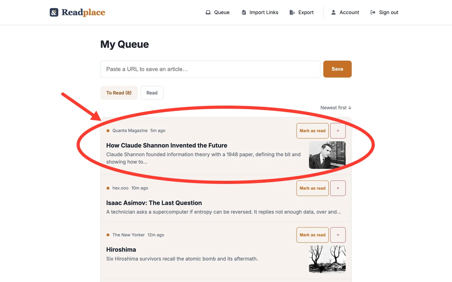 The Readplace queue listing saved articles with thumbnails and short previews