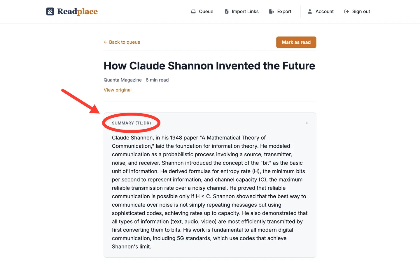 The Readplace reader showing an article with its AI summary expanded