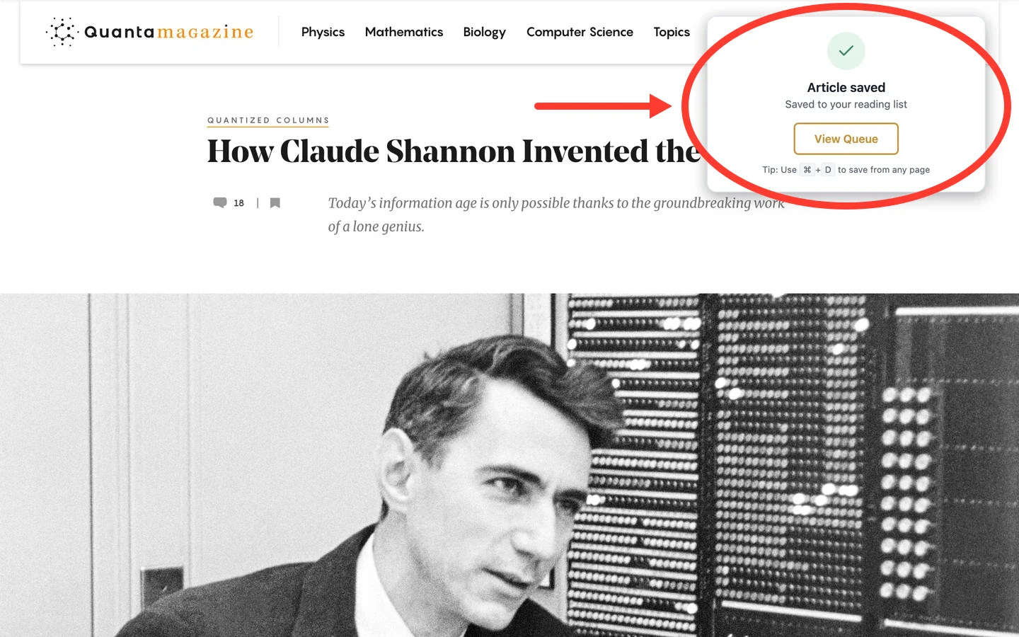 The Readplace extension popup confirming an article was saved, over a Quanta Magazine article